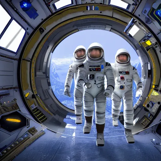 Prompt: astronauts walking through a space portal with the spaceship in the background, photorealistic, ultra - detailed, 4 k high resolution, hdr shot, unreal engine rendering 4 k