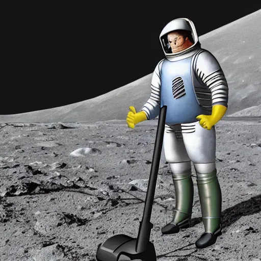 Prompt: photorealistic Hank hill from “King of the Hill” wearing a full suit of medieval armor, riding a lawnmower on the moon, National Geographic photo