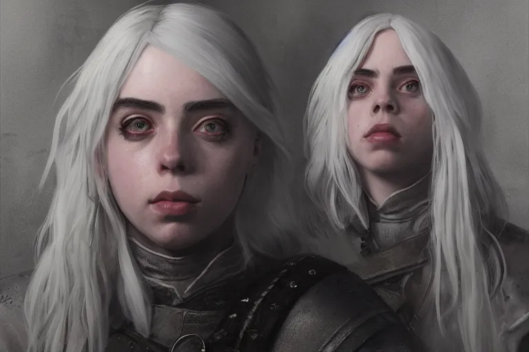 Prompt: A portrait of Billie Eilish as Ciri from the Witcher Game by Ruan Jia and Mandy Jurgens and Artgerm and william-adolphe bouguerea, highly detailed, trending on artstation, award winning, H 768