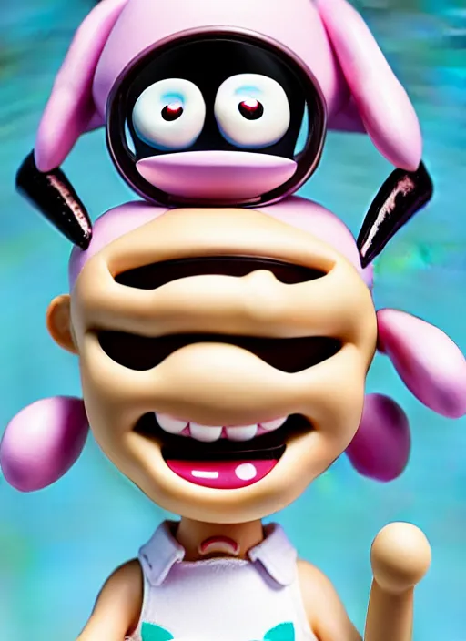 Prompt: a hyperrealistic lowbrow oil panting of a looney kawaii vocaloid figurine caricature with a big dumb goofy grin and pretty sparkling anime eyes featured on wallace and gromit by studio trigger