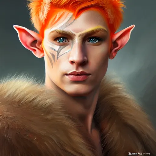 Prompt: portrait painting of a very young elven man with short light orange hair and tribal tattoos on his face wearing fur armor, sharp focus, award - winning, trending on artstation, masterpiece, highly detailed, intricate. art by james ryman