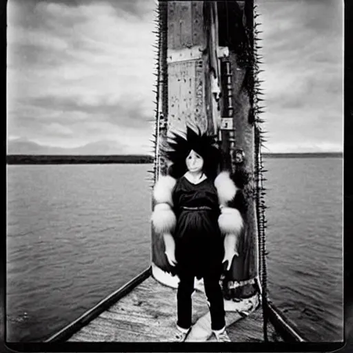 Prompt: black - haired girl with wild spiky black saiyan hair with long bangs over her eyes, hair covering eyes, tail behind her, [ tail!!!!!!!!! ], wearing casual clothing, standing on an alaskan fishing vessel, mekoryuk, alaska, 1 9 6 5, polaroid, kodachrome, grainy photograph