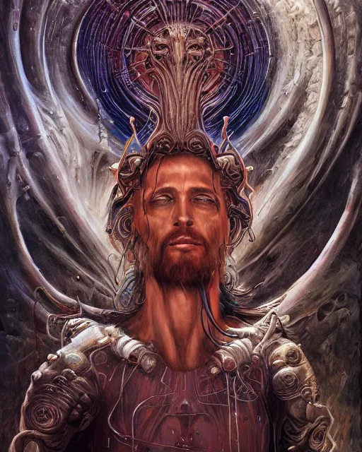 Image similar to jesus christ, by antonio j. manzanedo, giger, alex grey, android jones, wayne barlowe, philippe druillet, raymond swanland, cyril rolando, josephine wall, harumi hironaka, trending on artstation