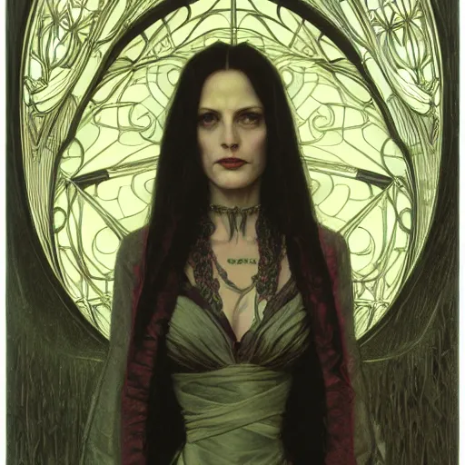 Image similar to portrait of a lady vampire, 35mm, victorian, depth of field, ominous, sharp, highly detailed, photorealistic, realistic, unreal 5, high definition, 8k, deviantart, donato giancola, irwin penn, ((Alphonse Mucha))