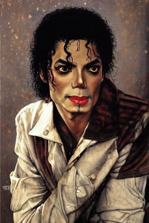 Prompt: a closer personal portrait of michael jackson with very piercing eyes, very charismatic. in the old ancient egypt. masterpiece, dark. painted by norman rockwell and james gurney