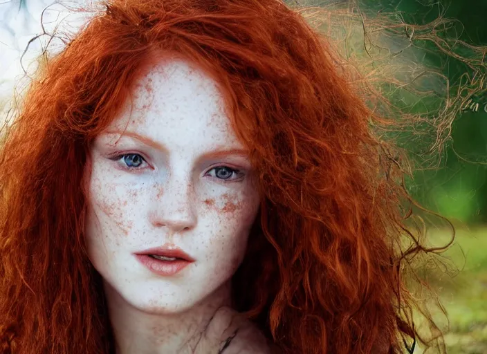 Prompt: award winning 8 5 mm close up face portrait photo of a redhead with wavy long hair and freckles in a park by luis royo.