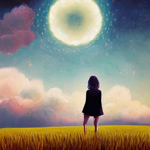 Image similar to giant daisy flower as a head, girl walking in wheat field, hills, surreal photography, moon light, dark night, star trails, dramatic light, impressionist painting, clouds, digital painting, artstation, simon stalenhag