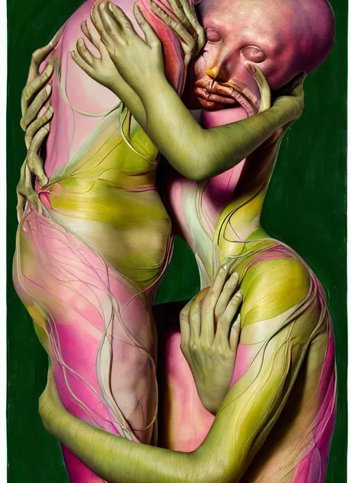 Prompt: a surreal biomorphic painting of two human figures entwined in an embrace, extra limbs, draped in silky pink, green and gold, botanical, highly detailed, compassionate, emotionally evoking, rendered in octane, centre image, by jenny saville and charlie immer