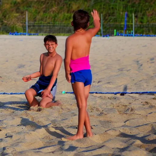 Image similar to a group ok kids playing beach volley with their heads, extremely photorealistic, hyper detailed, canon eos - 1 d x mark iii, 3 0 0 mm