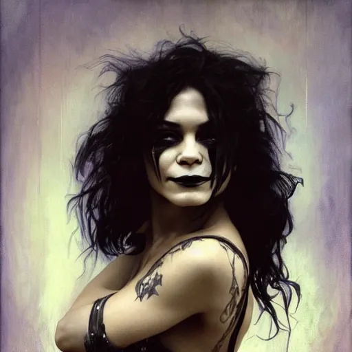 Image similar to beautiful portrait of vanessa hudgens as death from sandman, smiling, by cedric peyravernay, alphonse mucha, by jeremy mann, by lecouffe deharme, goth chic, soft lightning, eyeliner, punk rock, high detailed, 8 k