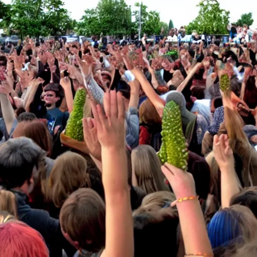Image similar to a crowd of people worshipping a pickle