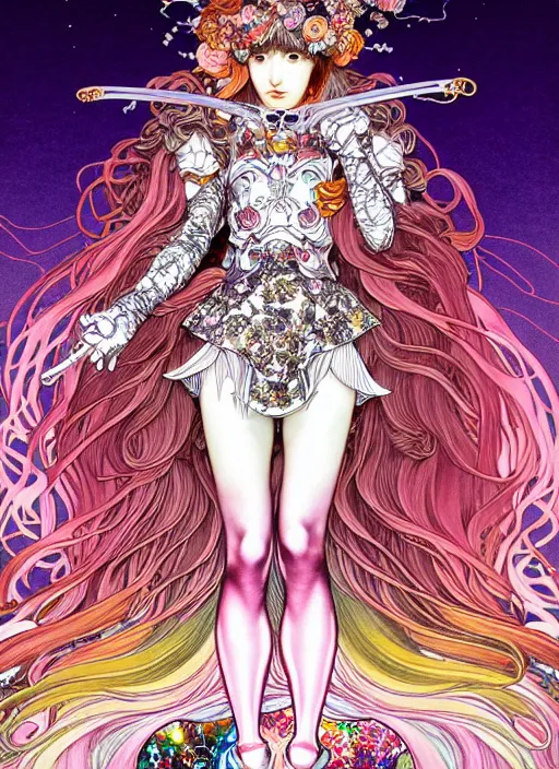 Image similar to highly detailed ayami kojima artgerm terada katsuya artstation manga poster of princess mechine, rainbow gradient reflection, long hair, armor, dress, laces, ruffles, 8 k, maximalist,, jump comics, tomer hanuka, alphonse mucha