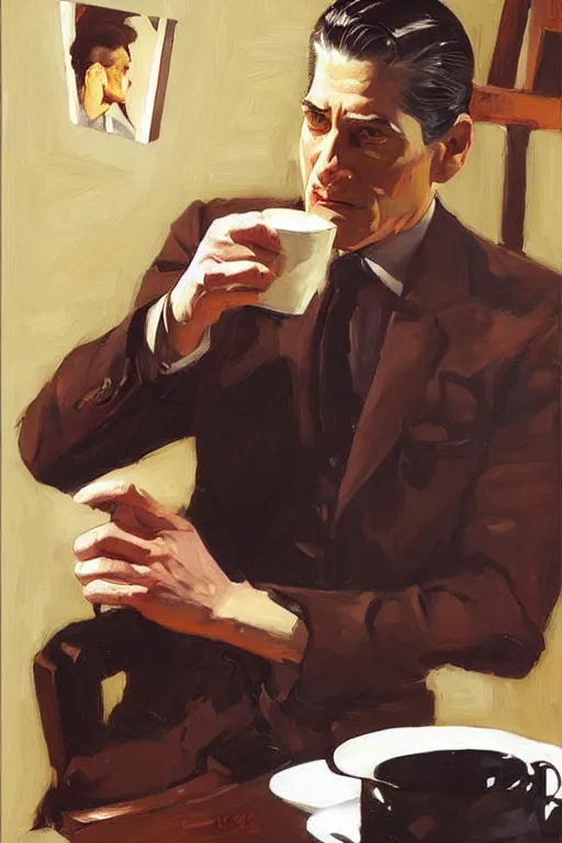 Image similar to dale cooper drinking coffee, coffee reflection, painting by jc leyendecker!! phil hale!, angular, brush strokes, painterly, vintage, crisp