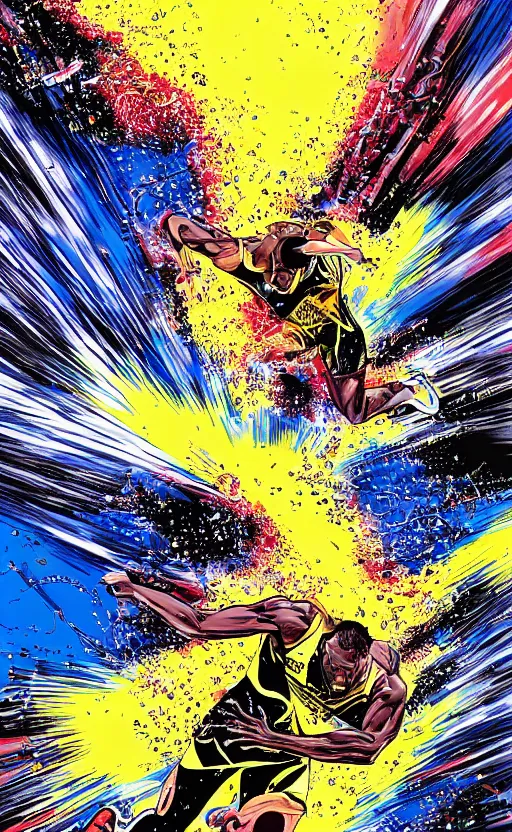 Prompt: usain bolt running in lightspeed through a colorful fart of ferrofluids trapped in time continuum by katsuhiro otomo