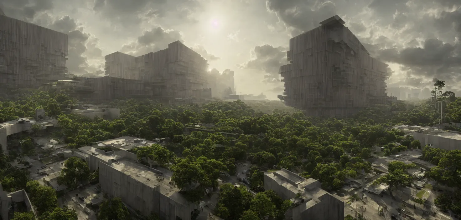 Image similar to brutalist architecture, surrounded by lush green vegetation, stunning volumetric lighting, sunset, metal, concrete, translucent material, stunning skies, 8k, photorealistic, hyper detailed, unreal engine 5, IMAX quality, cinematic, epic lighting, digital painting in the style of DOOM and Quake, by Greg Rutkowski, trending on Artstation