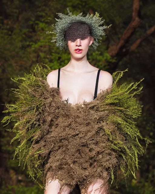 Prompt: olivia wearing an outfit made from a bush, at new york fashion week, lush black hair, average physique, freckled pale skin, photo by greg rutkowski, stage lighting, soft colors, female beauty, intricate detail, risque fashion, elegance, 3 5 mm, depth of field, masterpiece