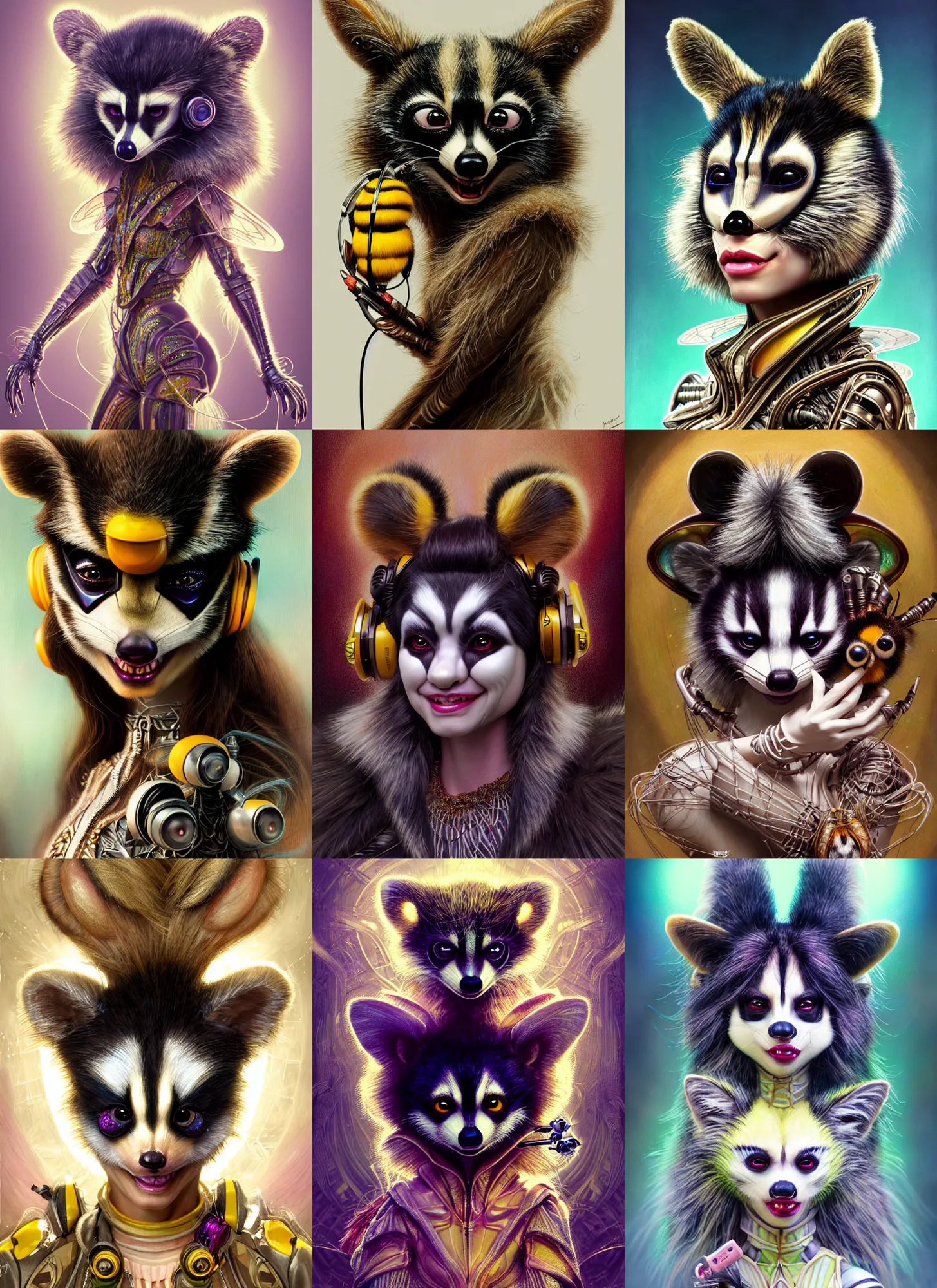 Prompt: disney weta portrait, soft lustrous biotech raver white clowncore bumblebee raccoon cyborg, earbuds, hi - fructose, sci - fi, fantasy, cyberpunk, intricate, decadent, highly detailed, digital painting, ever after high, octane render, artstation, concept art, smooth, sharp focus, illustration, art by mucha, loish, wlop