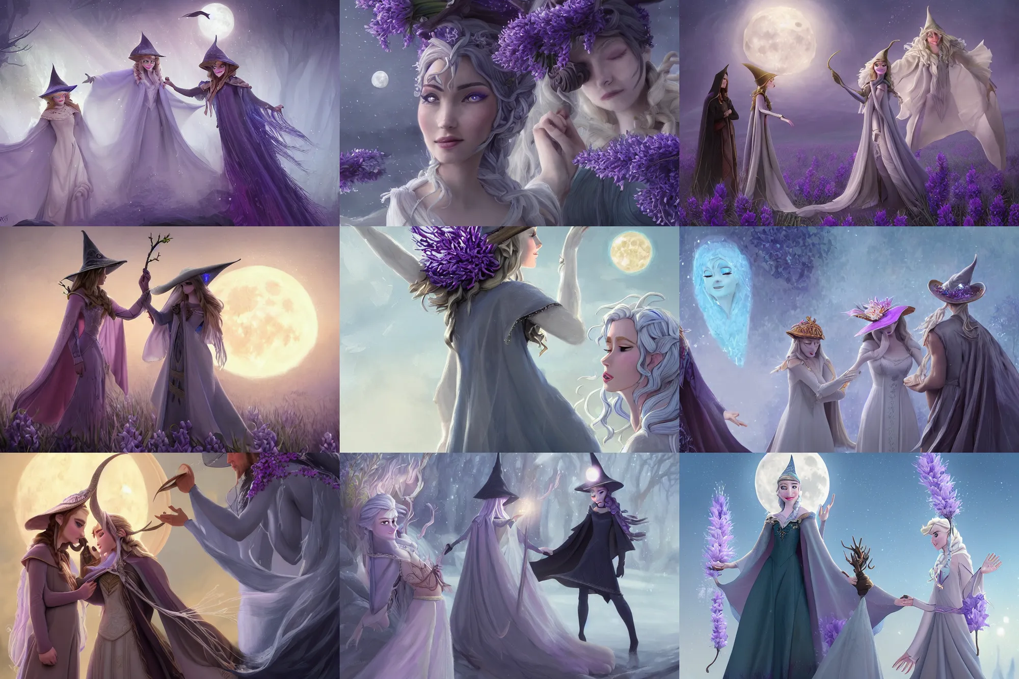 Prompt: a cinematic beautiful closeup moment of witch and wizard lovers saying goodbye to the goddess of the moon wearing sunhats with hyacinths, Frozen II Klaus film, fantasy, intricate, elegant, highly detailed, digital painting, artstation, concept art, smooth, sharp focus, illustration, magician casting lightening spells, art masterpiece by art by Krenz Cushart and Artem Demura and alphonse mucha, ArtGerm, Jon Lothian, Danilo Torres, Adi Meyers, Thomas Reimann, Gaston Bussiere