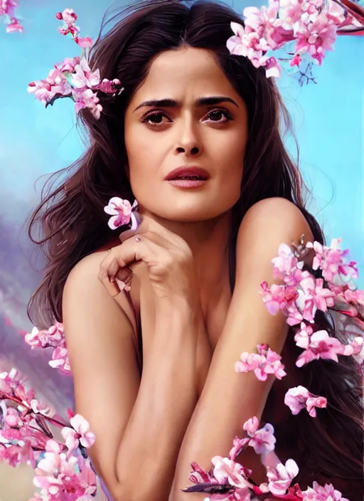 Image similar to photo of a gorgeous salma hayek in the style of stefan kostic, realistic, body shot, sharp focus, 8 k high definition, insanely detailed, intricate, elegant, art by stanley lau and artgerm, cherry blossoms