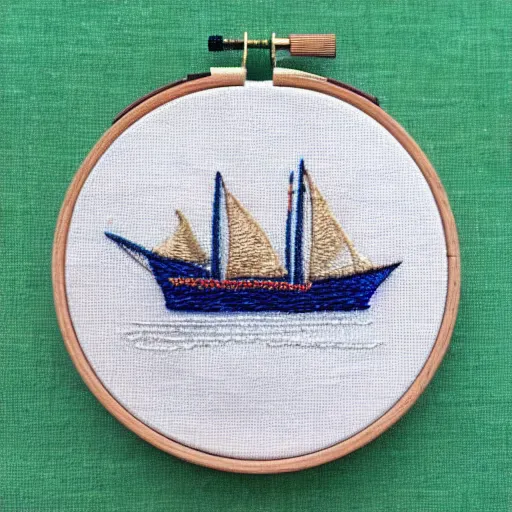 Prompt: a tiny beautiful handmade embroidery of a ship on the ocean. hand embroidery.