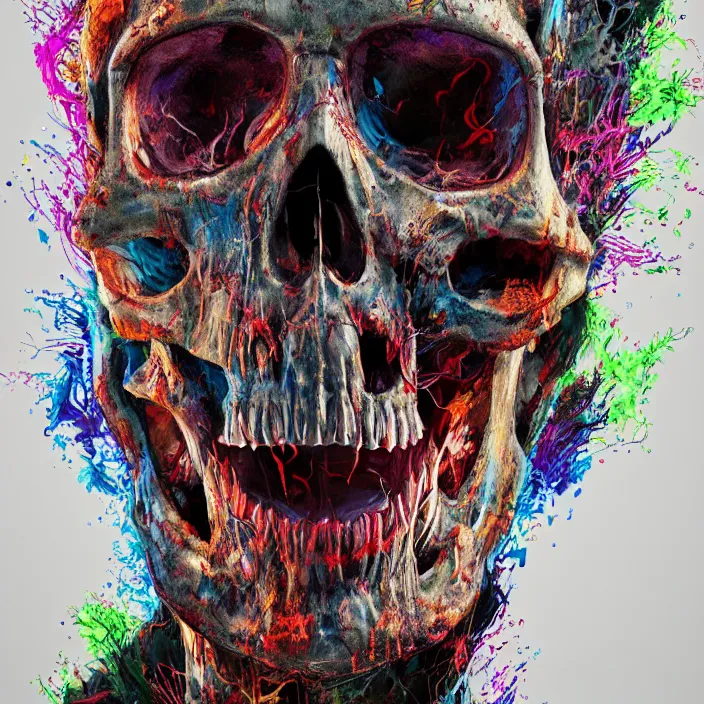 Prompt: portrait of a psychedelic skull. razor sharp teeth. infected with zombie virus. intricate abstract. intricate artwork. nightmare fuel. by Tooth Wu, wlop, beeple, dan mumford. octane render, trending on artstation, greg rutkowski very coherent symmetrical artwork. cinematic, hyper realism, high detail, octane render, 8k, iridescent accents