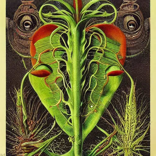 Image similar to technicolor venus flytrap, by Ernst Haeckel, by M.C. Escher, beautiful, eerie, surreal, colorful