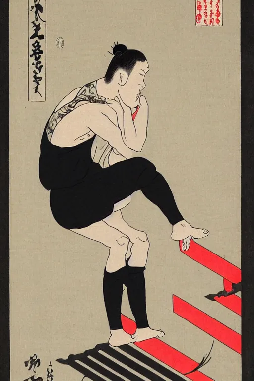 Prompt: Ukiyo-e art of gopnik in black adidas squatting under birch