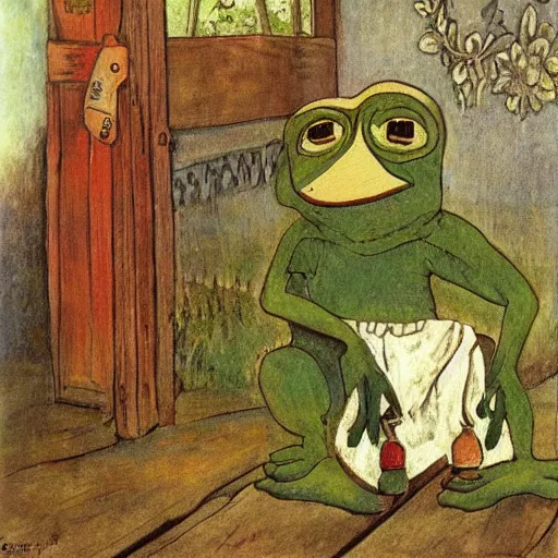 Image similar to pepe the frog in the village, uncropped, painted by carl larsson