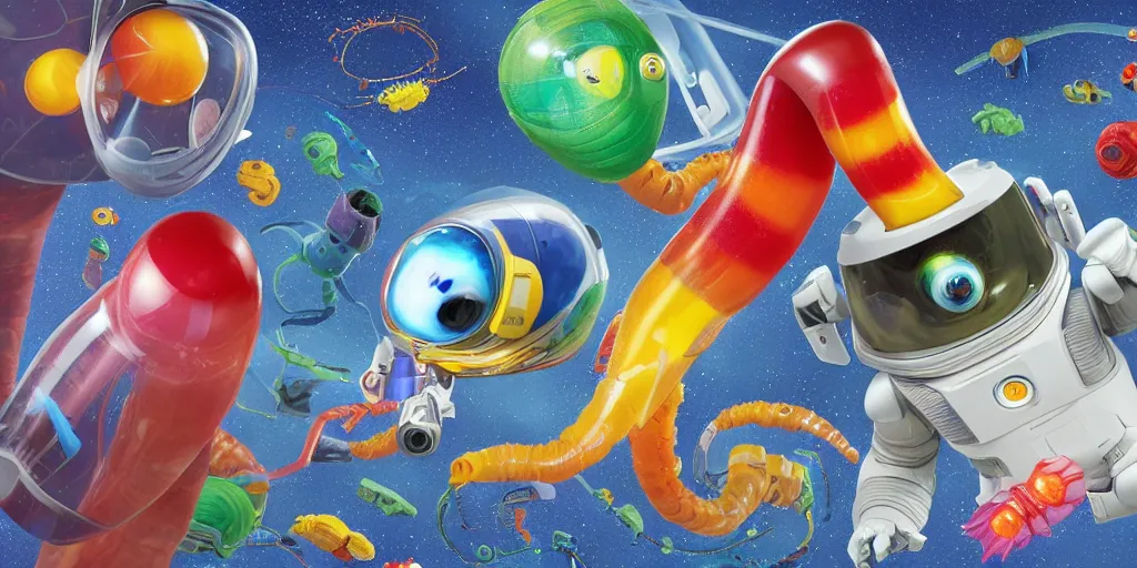 Prompt: a 3 d rendered movie still a gummi worm descendant 1 million years from now. gummi worm wears a spacesuit, and explores cosmos in a super awesome space ship. science fiction blockbuster movie gummi worms rule the world or my stepmom is a gummie worm from space, imax 7 0 mm. bladerunner, silent running, wall - e