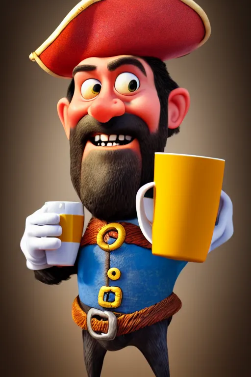 Image similar to portrait of the pirate blackbeard very expressive holding a cup of coffee, full body with a pirate ship on background. pixar disney 4 k 3 d render funny animation movie oscar winning trending on artstation and behance. ratatouille style.