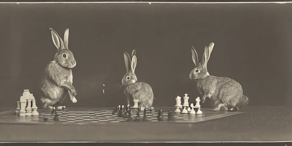 Prompt: a stereoscopic image of a rabbit playing chess