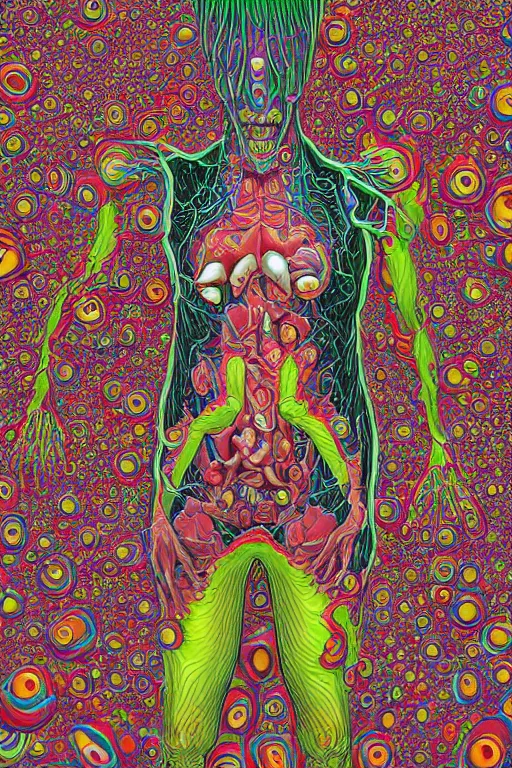 Prompt: Body splitting up, Conjuring Psychedelic Illustration by Shintaro Kago, ultra realistic, highly detailed, octane render, symmetrical, grotesque, Psychedelic dot work, vibrant,