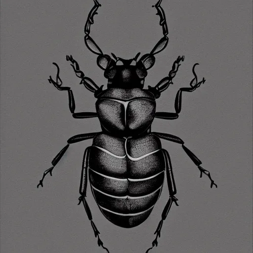 Image similar to male stag beetle, black and white, botanical illustration, black ink on white paper, bold lines