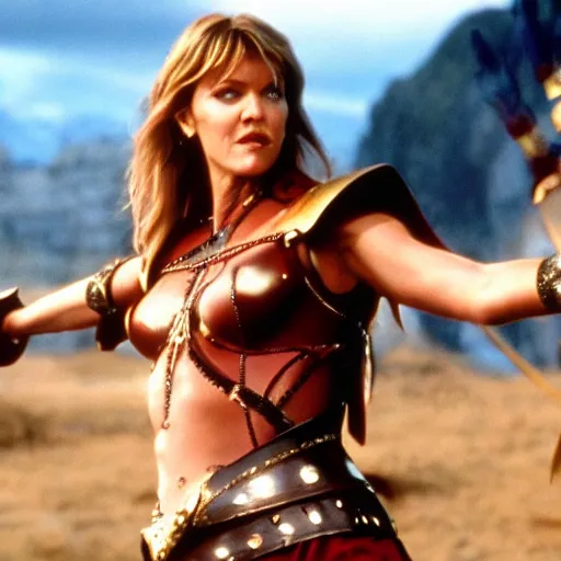 Image similar to tricia helfer as xena warrior princess, movie still, 4k