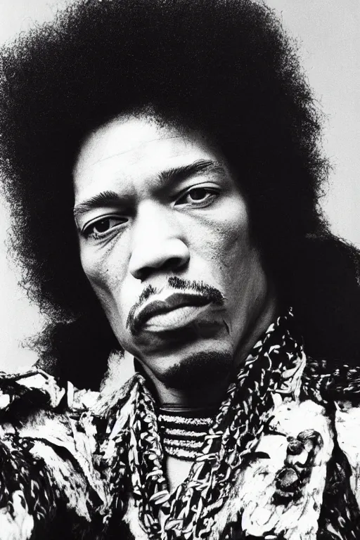 Prompt: photo of jimi hendrix styled by nick knight posing, showstudio, face close up, vogue magazine, 1 9 7 0, canon, highly realistic. high resolution. highly detailed. dramatic. 8 k. 4 k
