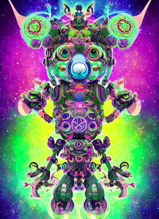 Image similar to a detailed digital art of a celtic knot oni demon koala mecha extraterrestrial wearing a raver outfit by lisa frank and cicely mary barker, taiyo matsumoto, myst, beeple, cgsociety, crisp, low angle shot