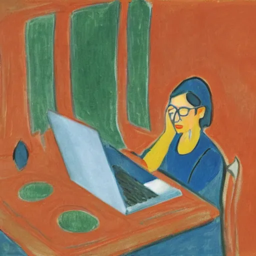 Prompt: frustrated woman coding on her laptop, by matisse 1 9 4 5