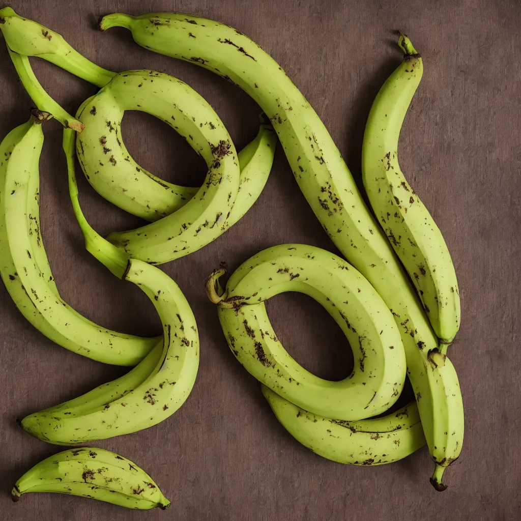 Prompt: very ripe looped bananas like a complex fractal, cracked, vegetable foliage, art nouveau fractal with petal shape, and stems, mesh roots, hyper real, food photography, high quality