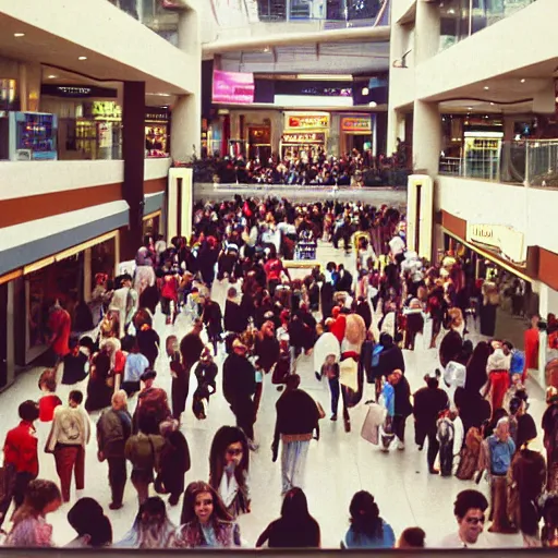 Image similar to A photograph of people in a mall, circa 1993