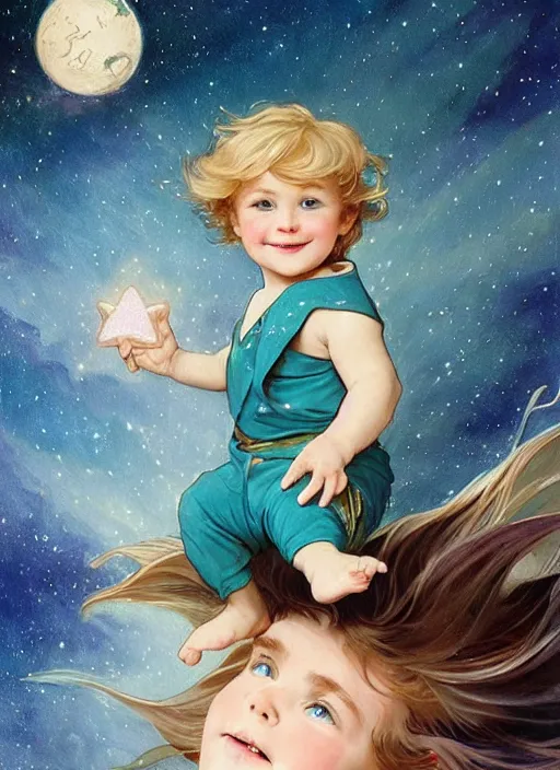 Image similar to a cute little boy with a mischievous face, blue eyes, and tousled blonde hair smiles as he floats in space with stars all around him. he is wearing a turquoise outfit. beautiful painting by artgerm and greg rutkowski and alphonse mucha