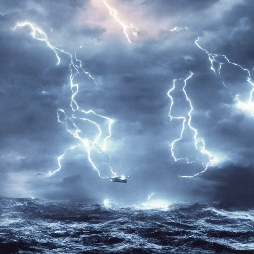 Prompt: large alien spacecraft resembling a cybernetic Portuguese Man of War made of liquid mercury, hovering above a turbulent ocean, lightning, intense dramatic sci-fi movie still, giant crashing wave, beautiful cinematography, chilling