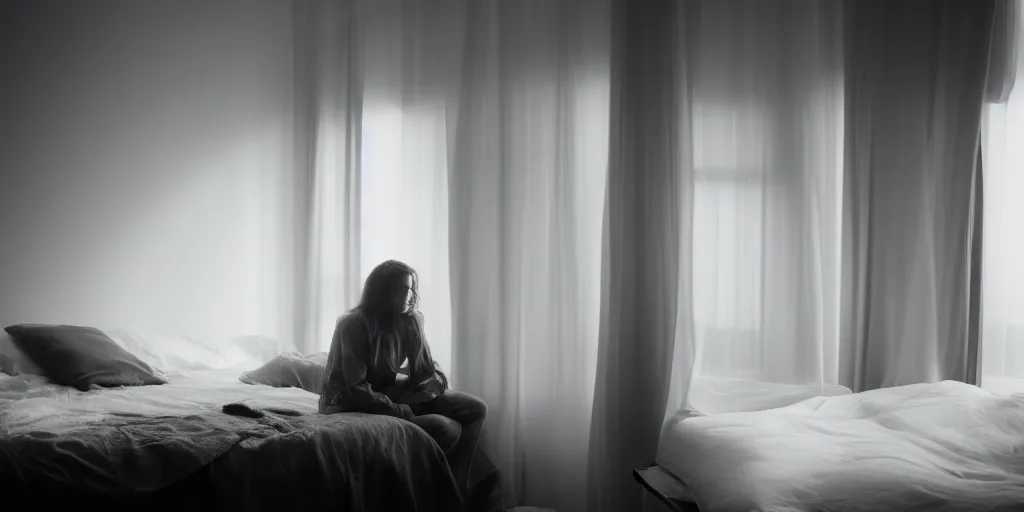 Image similar to woman sitting on bed, looking out the window, minimalistic room, soft light coming from outside, cold atmosphere, shot by fincher