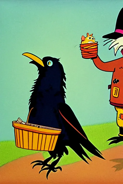 Image similar to by richard scarry. a raven laughing at a scarecrow. a 1 9 5 0 s retro illustration. studio ghibli. muted colors, detailed