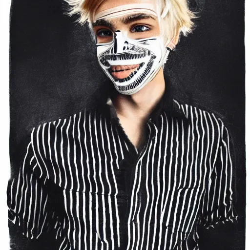 Image similar to professional pencil sketch of a young adult man with short blonde hair wearing a black face mask a striped long-sleeved shirt and ripped skinny jeans, high quality, HD, 8K, highly detailed, award-winning