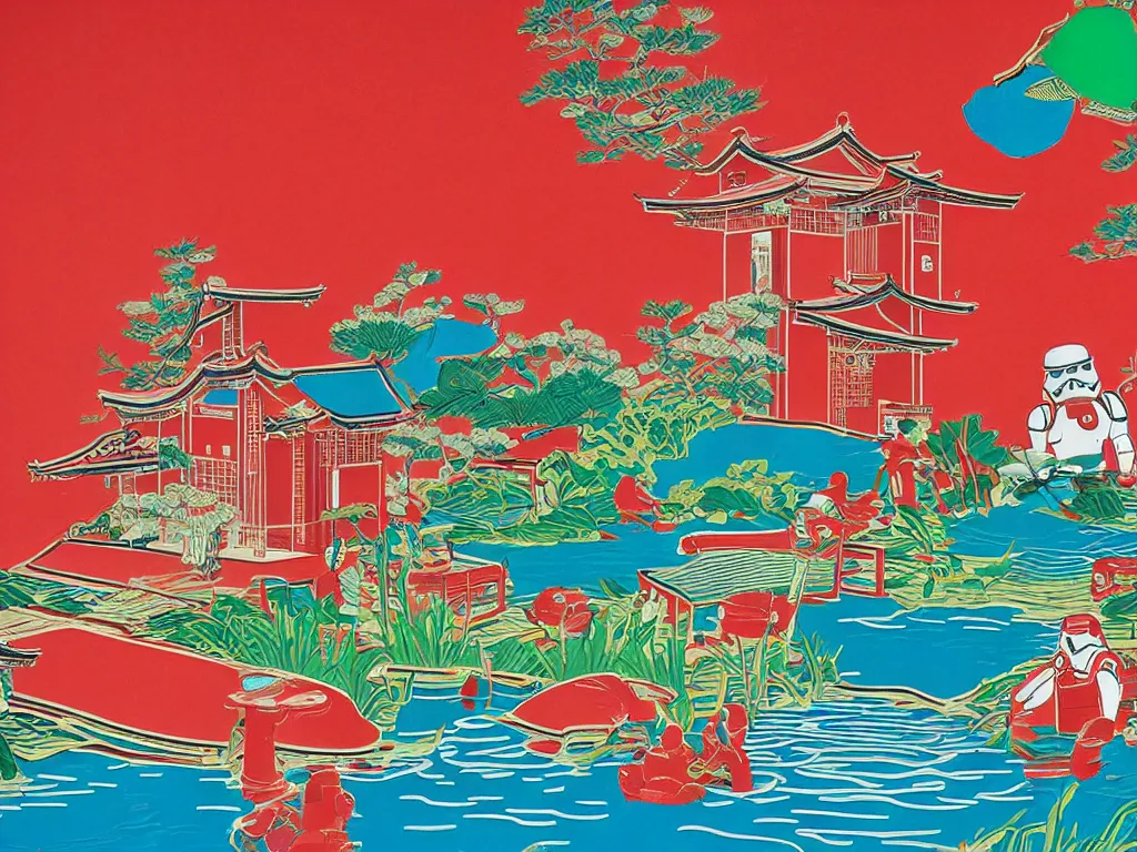 Image similar to close - up image of a japanese red house with a pond, with stormtroopers sitting around it, a combination of pop - art and traditional japanese painting styles, the style of andy warhol, roy lichtenstein and jackie tsai, bright and saturated palette, acrylic on canvas