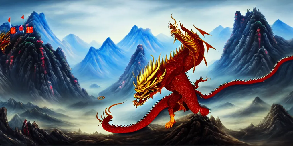 Image similar to Chinese president, bananas weapon, battle, dragon, centered, highly detailed, mountains, epic composition, background, fantasy art, oil painting, 8k