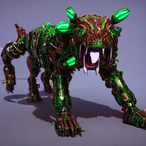 Prompt: hybrid of a cyborg dog and a malachite golem kaiju, ultra detailed, 8 k, rule of thirds, professional lighting, unreal engine.