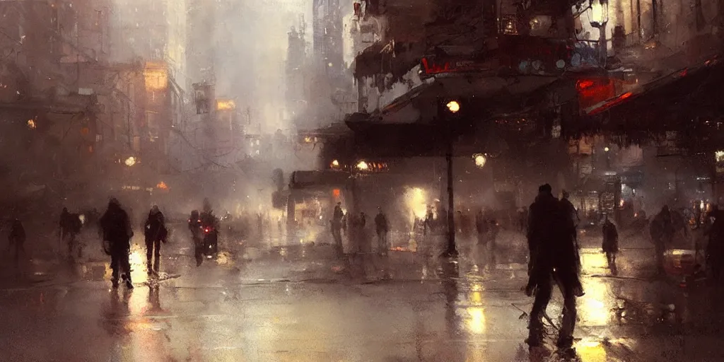 Prompt: street scene, volumetric lighting, painting by jeremy mann