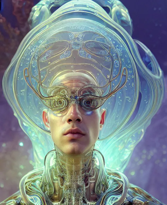 Image similar to intricate ornate opulent transparent clear see - through portrait of a cybernetic beautiful male alien sea slug, mottled coloring, adorable, childlike, apocalyptic environment, ultra realistic, concept art, art nouveau, photorealistic, octane render, 8 k, unreal engine. art by christopher marley and artgerm and greg rutkowski and alphonse mucha