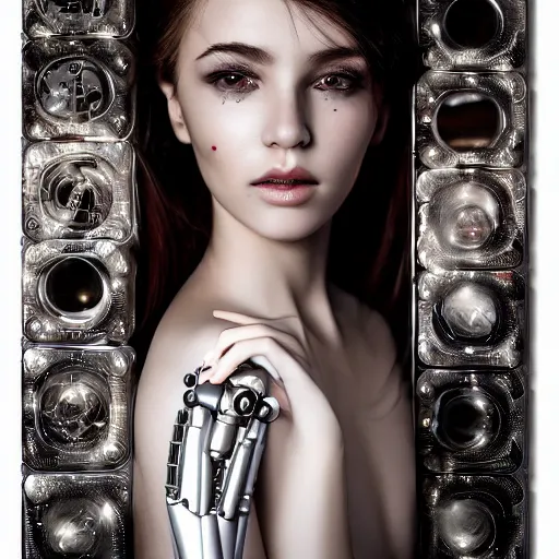 Image similar to beautiful centered fine art photo portrait of romantic beautiful girl with solarpunk robotic humanoid metal mechanical parts with led lights, pudica pose, photorealistic, white background, highly detailed and intricate, soft box lighting, hdr 8 k